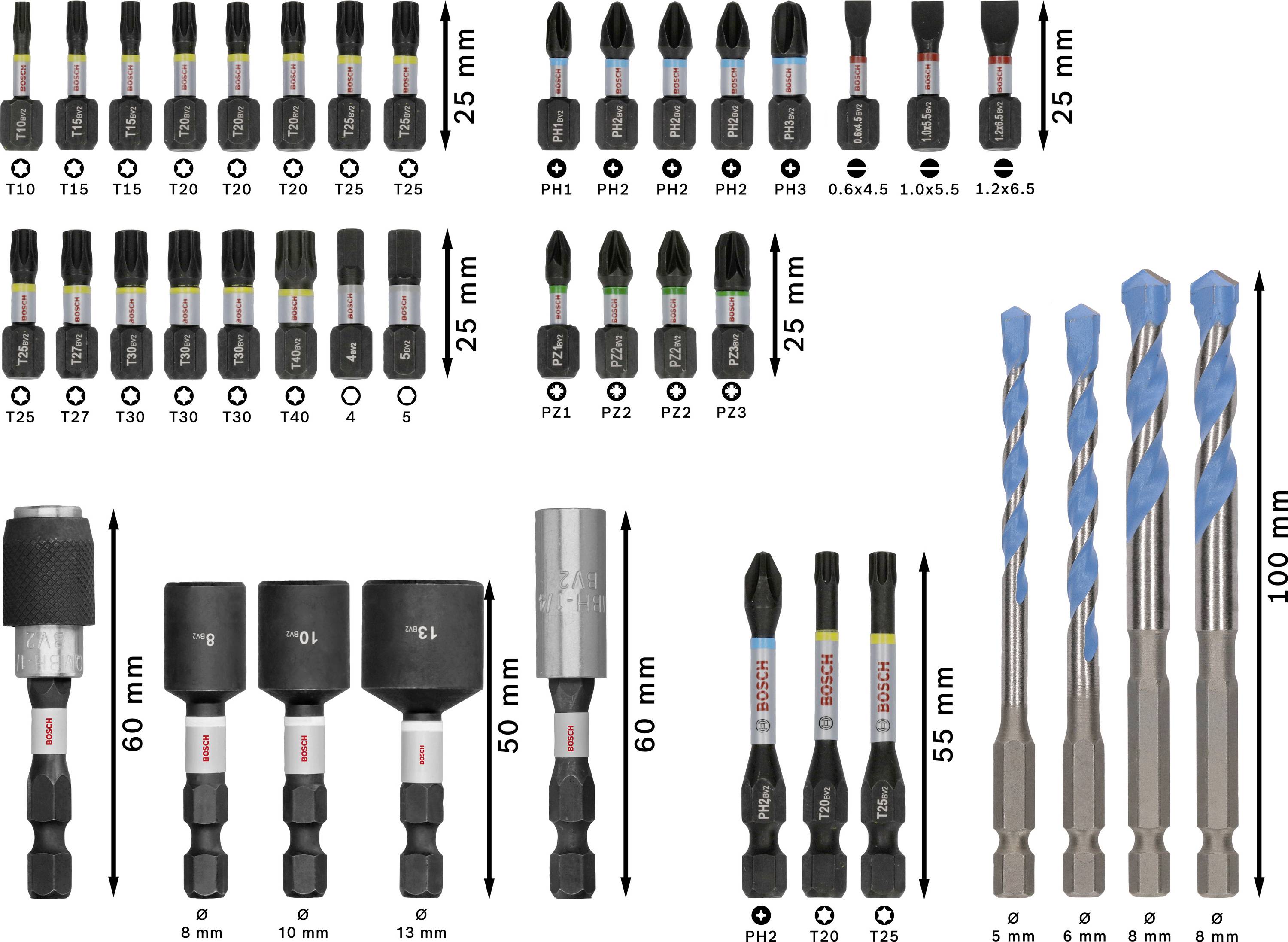 'Verschiedene Bohrer und Bits: Torx, Philips, Sechskantaufsätze in verschiedenen Größen. Längen variiert von 25 mm bis 100 mm.'