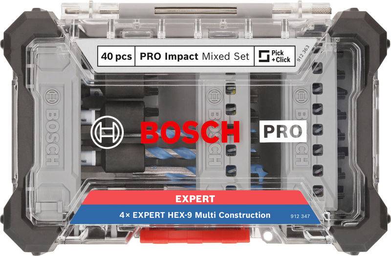 Eine Box mit 40-teiligem Bosch PRO Impact Mixed Set. Enthält verschiedene Bohr- und Schraubaufsätze, geeignet für Mehrzweck-Bauarbeiten.