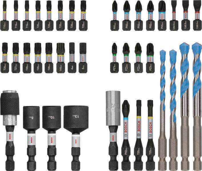 Schraub- und Bohrer-Set, bestehend aus verschiedenen Bits und Bohrern mit Halterungen. Geeignet für vielseitige Heimwerkerarbeiten.