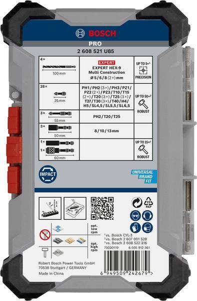 Eine Bosch PRO Bohrer-Box mit verschiedenen Bohrergrößen und -typen für präzise Bohrungen. Enthält Details zur HRC-Härte.