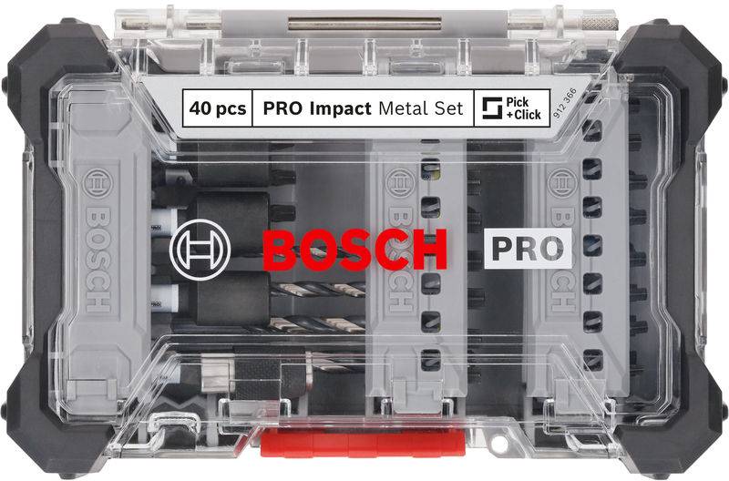Kunststoffkasten mit 'BOSCH PRO' Aufschrift, enthält 40-tlg. Bohrer-Set für Metall. Sichtbare Fächer und Bohrer mit Etiketten.