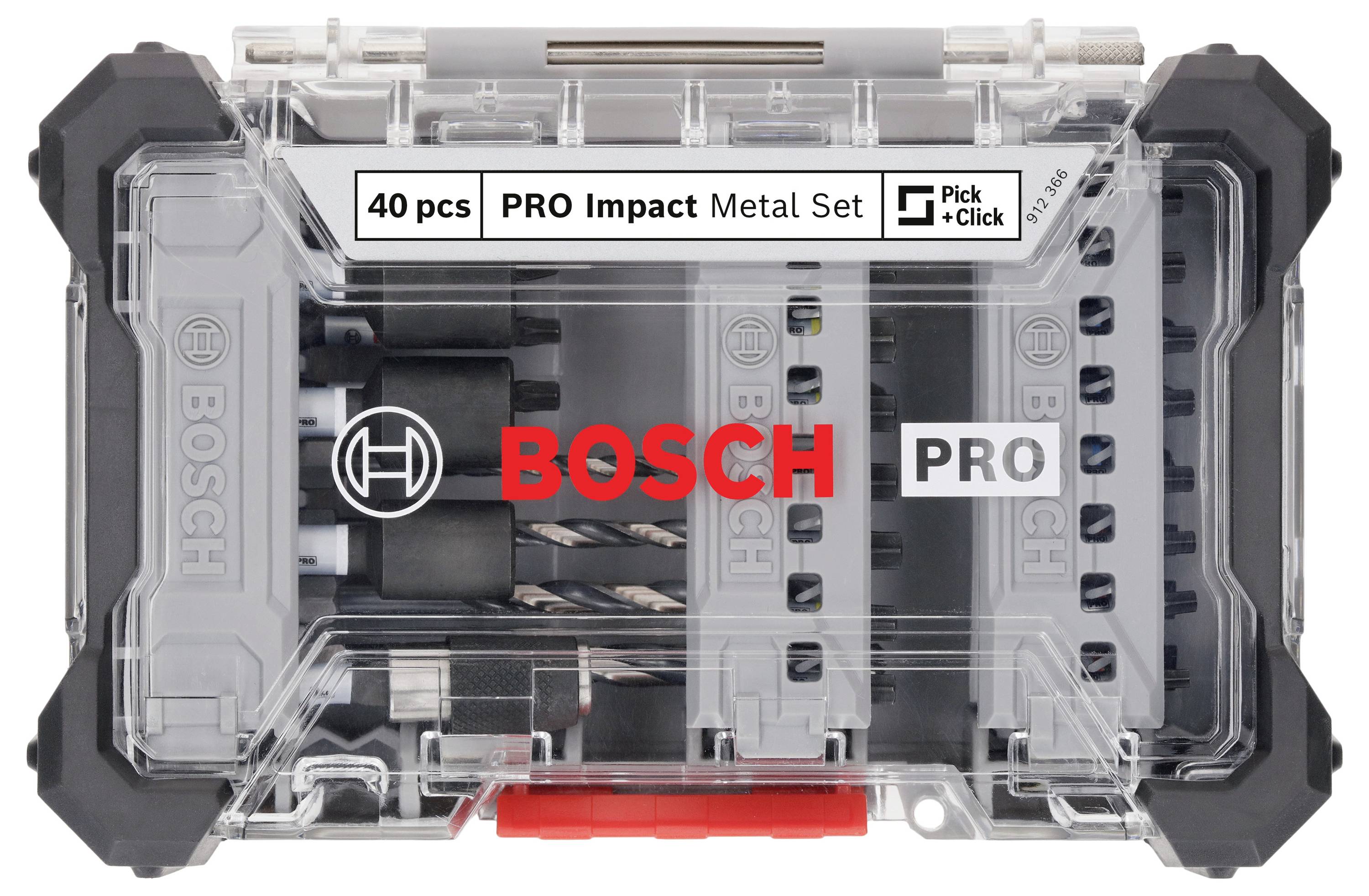 'Bosch PRO Impact Metall-Set, 40-teilig, transparentes Gehäuse, Aufbewahrungsschlitze für Bohrer und Zubehör, robustes Design.'