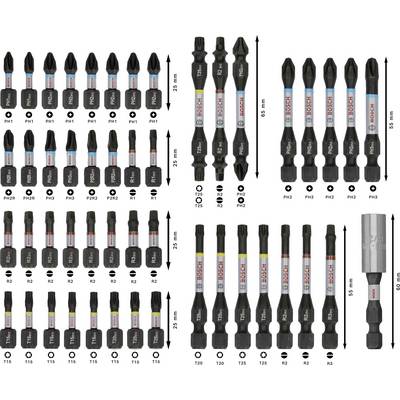 'Set mit verschiedenen Schraubendreher-Bits in verschiedenen Größen und Typen, einschließlich Kreuzschlitz, Torx und Sechskant.'