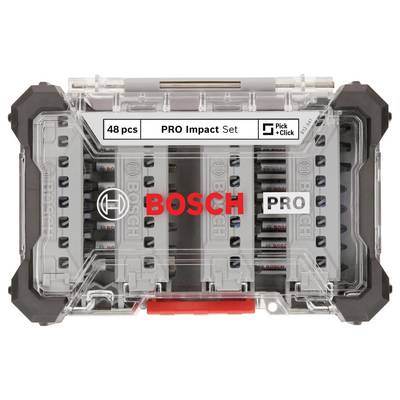 Das Bild zeigt ein Bosch PRO Impact Set, bestehend aus 48 Teilen in einer transparenten, robusten Box mit schwarzen Ecken.