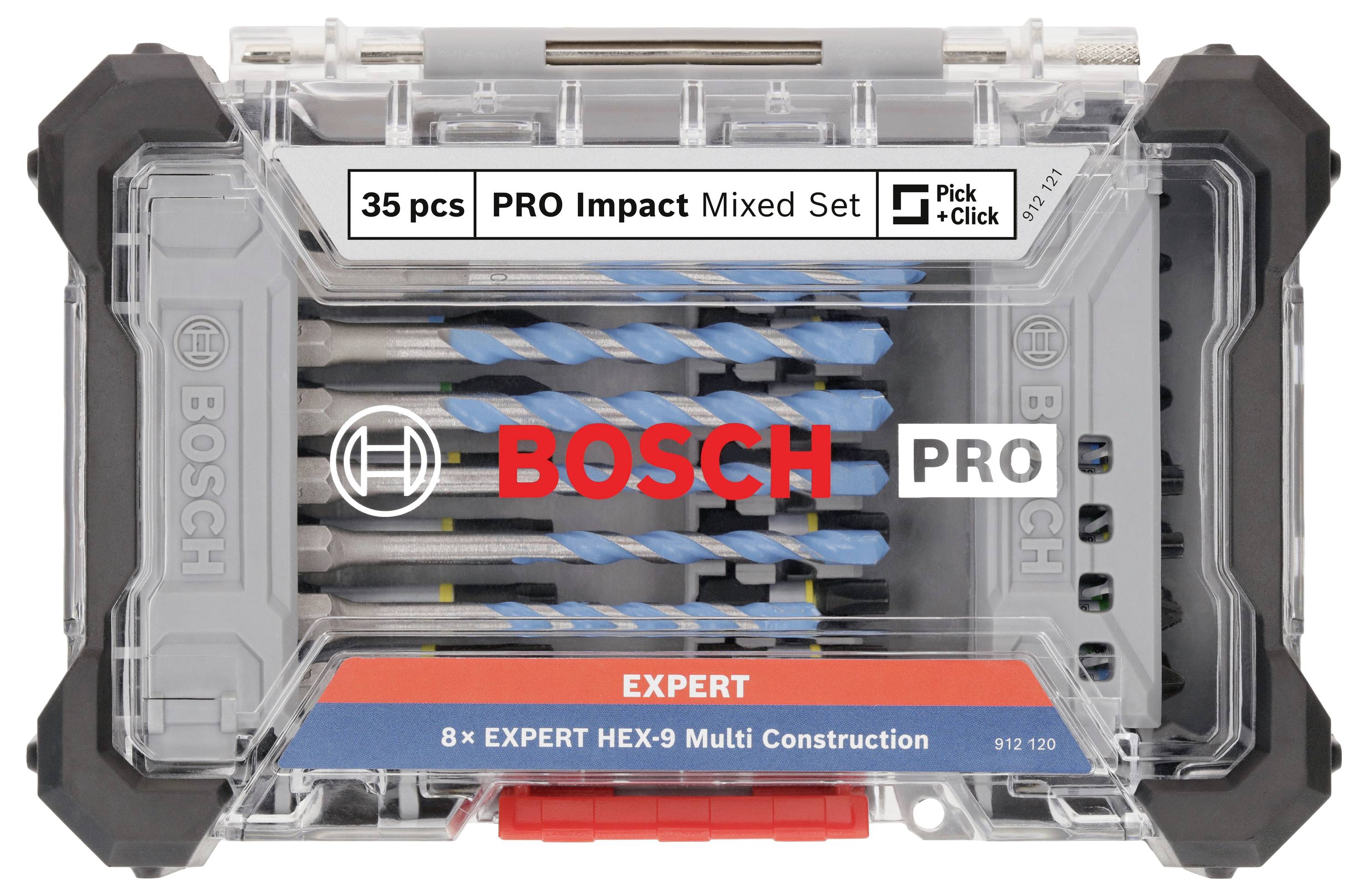 Eine transparente Box mit 35-teiligen Bosch PRO Impact Mixed Set. Enthält 8 'EXPERT HEX-9 Multi Construction' Bits.