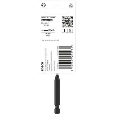 'Bosch Expert' Bitsatz-Verpackung mit QR-Code, Produktinformationen und Barcode oben. Darunter befindet sich der Bit mit speziellem Aufsatz.