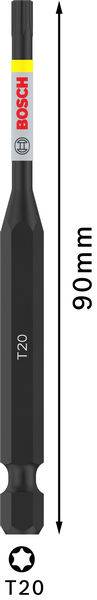 Schwarzer Bit von Bosch, Länge 90 mm, Torx T20-Kopf.