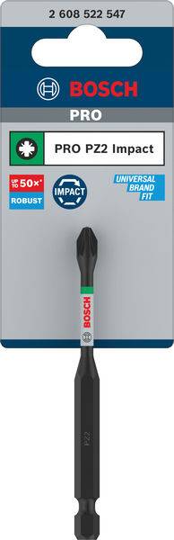 'Bosch PRO PZ2 Impact Bit' in einer Verpackung, erhöhte Haltbarkeit, universelle Markeneignung.
