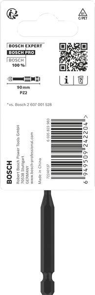 Auf dem Bild ist ein Bosch-Schraubendreheraufsatz abgebildet. Oben sind Logos und ein QR-Code, darunter Spezifikationen wie Größe '90 mm' und Typ 'PZ2'.