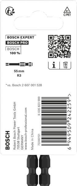 Bosch Schrauberbits, Länge 55 mm, Modell R3, Verpackung mit QR-Code und Produktinformationen, geeignet zum Bohren und Schrauben.