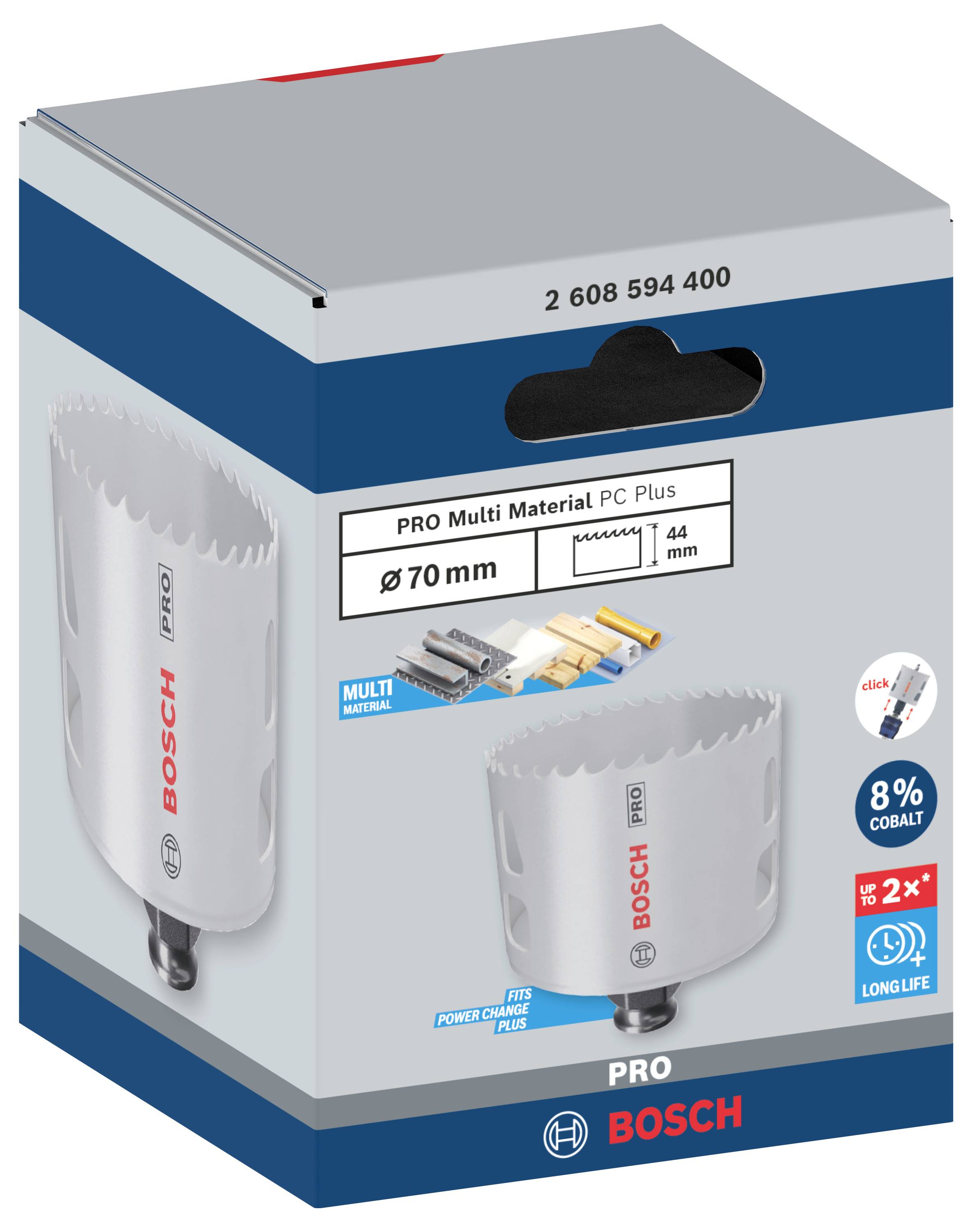 Verpackung für eine Bosch Pro Mehrzweck-Lochsäge, 70 mm. Zeigt die Funktion und Materialkompatibilität mit Betonung auf Langlebigkeit.