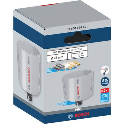 Bosch Lochsäge für Multi-Materialien, Durchmesser 73 mm, Schnittlänge 44 mm, 8% Kobaltanteil, lange Lebensdauer. Verpackung zeigt Werkzeug.