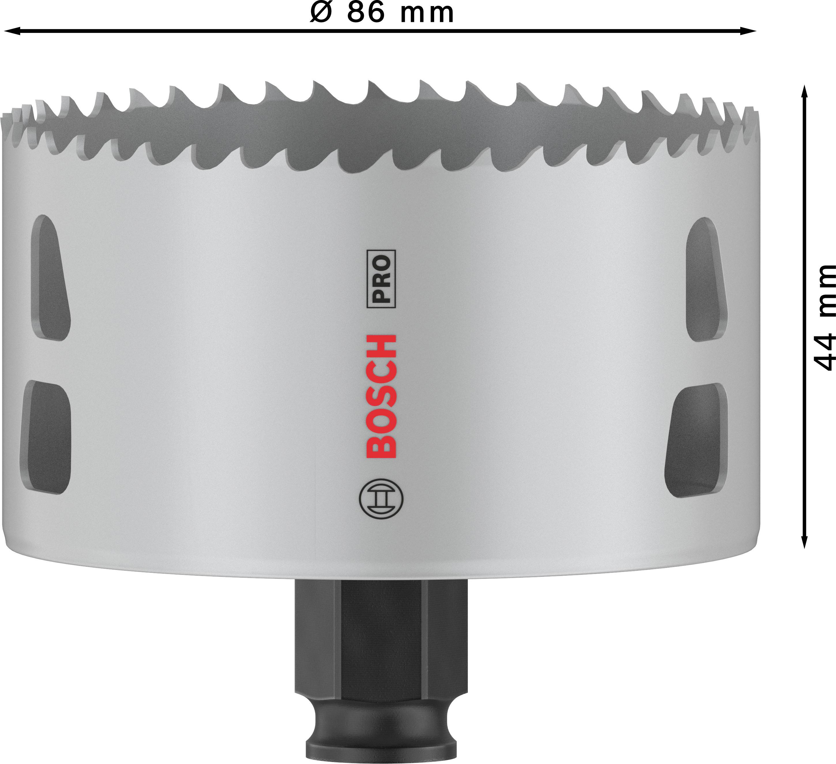 Bohrkrone von Bosch Pro, Durchmesser 86 mm, Höhe 44 mm, mit Sägezähnen und Lüftungsschlitzen, verwendet zum Bohren großer Löcher.