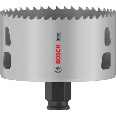 Metall-Lochsäge der Marke Bosch, silberne Farbe, mit zahnartiger Schneidkante und Befestigung für Bohrmaschine. Geeignet für präzise Bohrarbeiten.