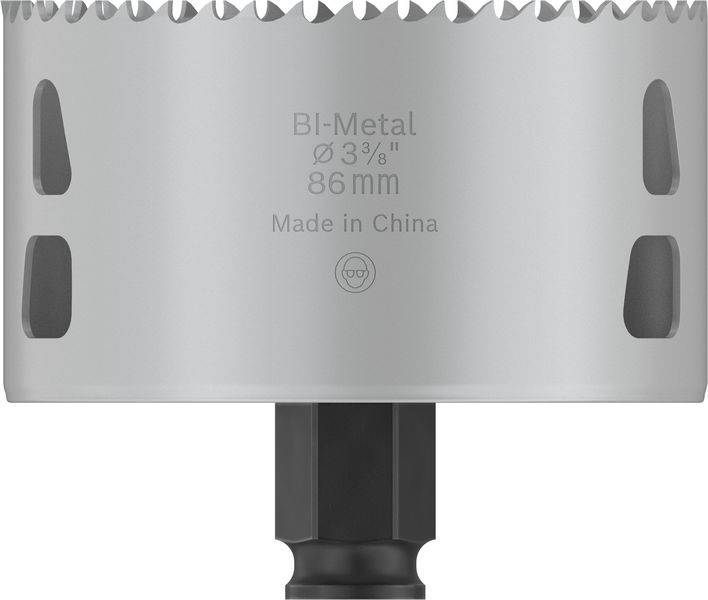 Eine graue Lochsäge mit der Aufschrift 'BI-Metal Ø 3 3/8'' 86 mm Made in China'.