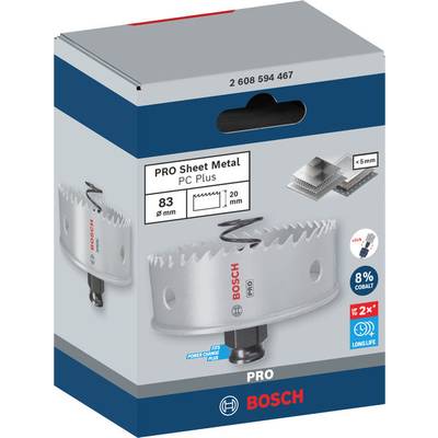Verpackung einer Bosch Lochsäge für Blech, Durchmesser 83 mm. Zeigt das Produkt und Details zur Materialkompatibilität und Haltbarkeit.