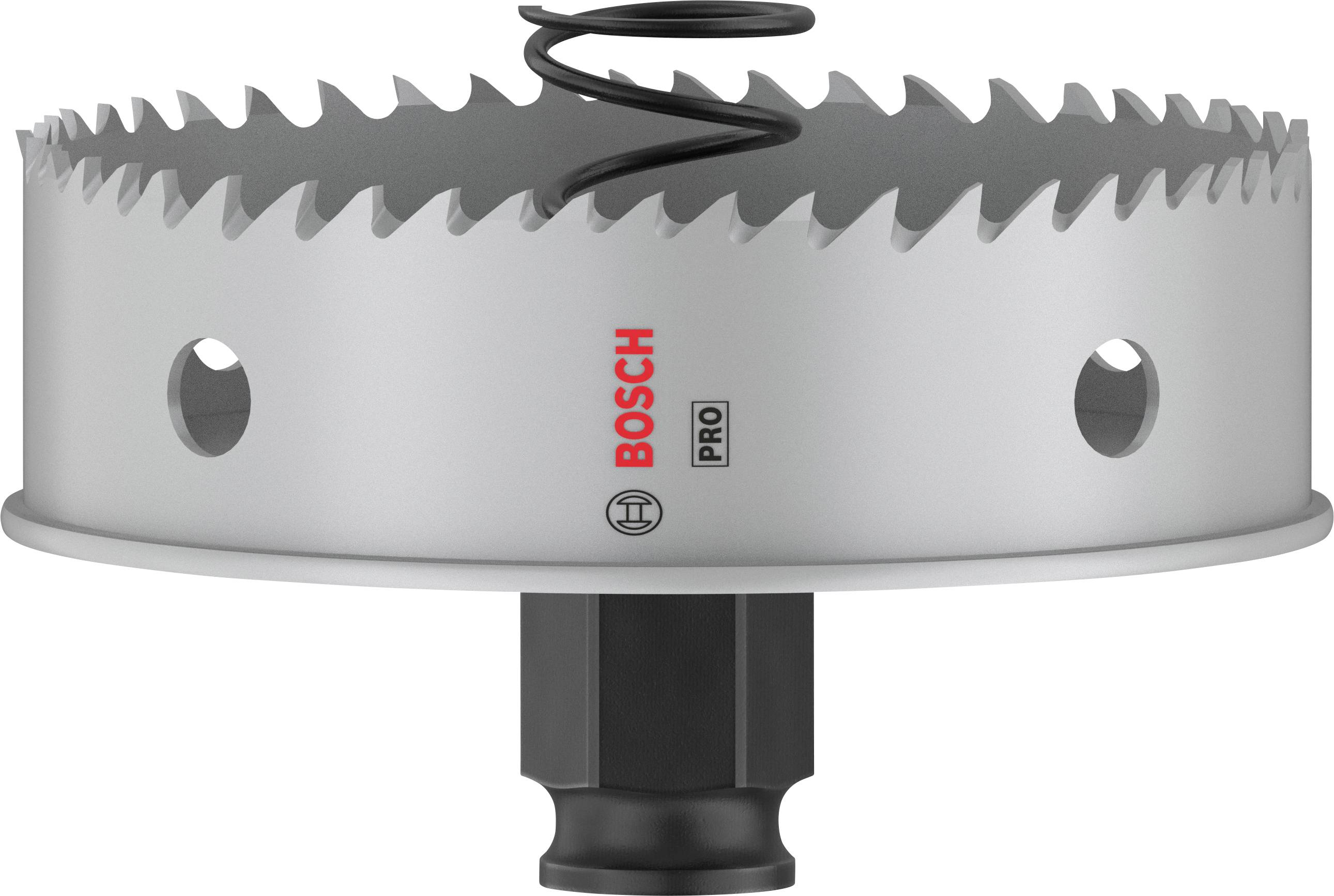 Eine Lochsäge von Bosch mit gezahnten Kanten und schwarzen Halterung. Geeignet für präzises Bohren in verschiedenen Materialien.