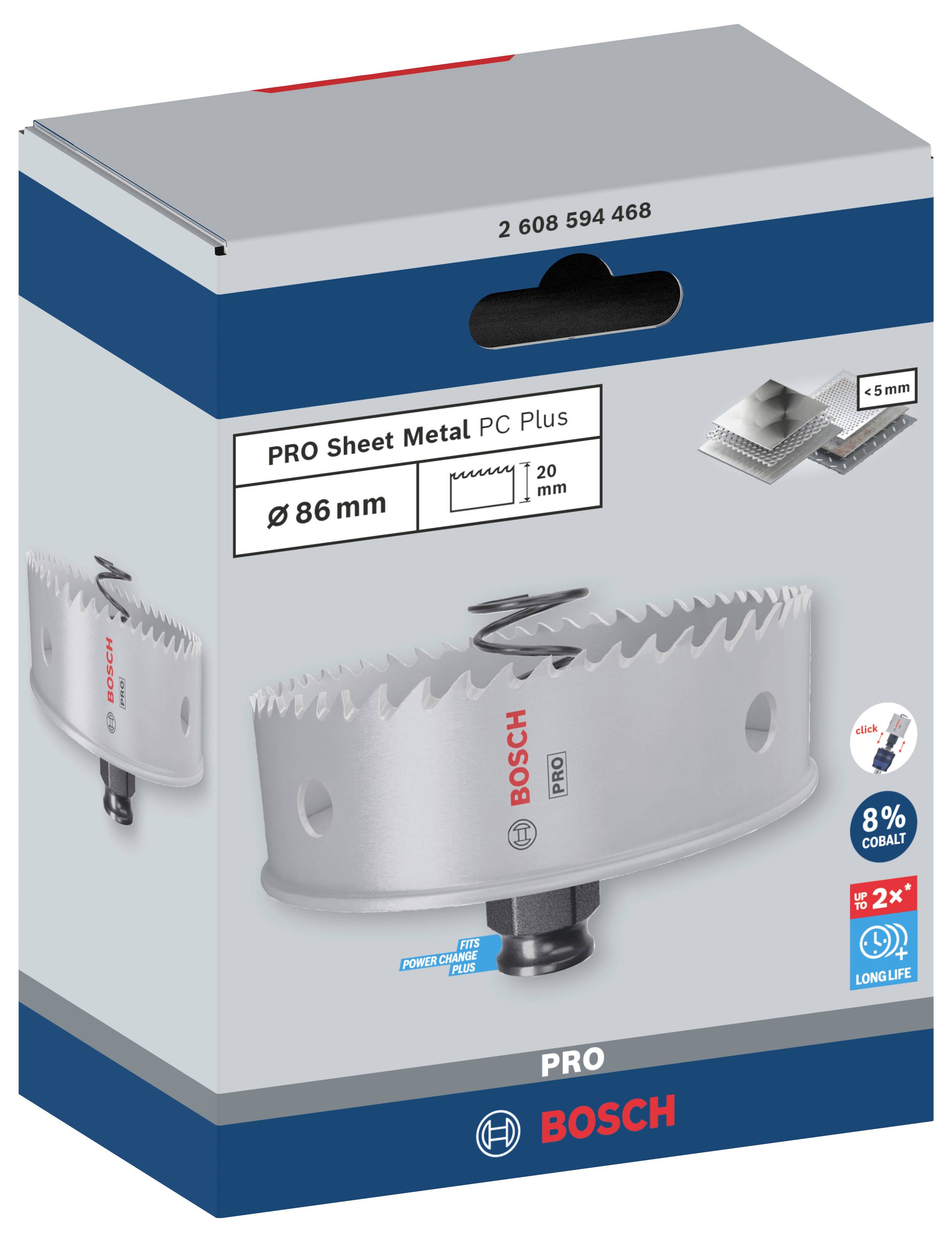 Eine Bosch Lochsäge für Metall, Durchmesser 86 mm, verpackt. Markierungen für hohe Langlebigkeit und 8% Kobaltanteil sichtbar.