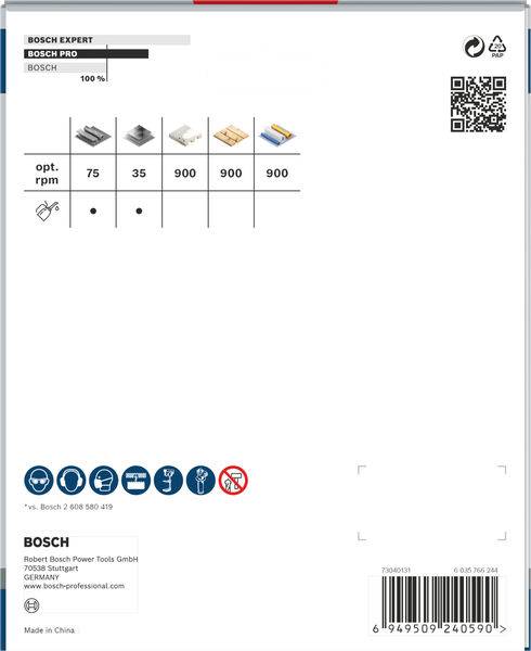 'Schnittscheiben für Fliesen, optimierte Umdrehungen: 75, 35, 900, 900, 900. Markenname und QR-Code oben; Herstellerinfo unten.'