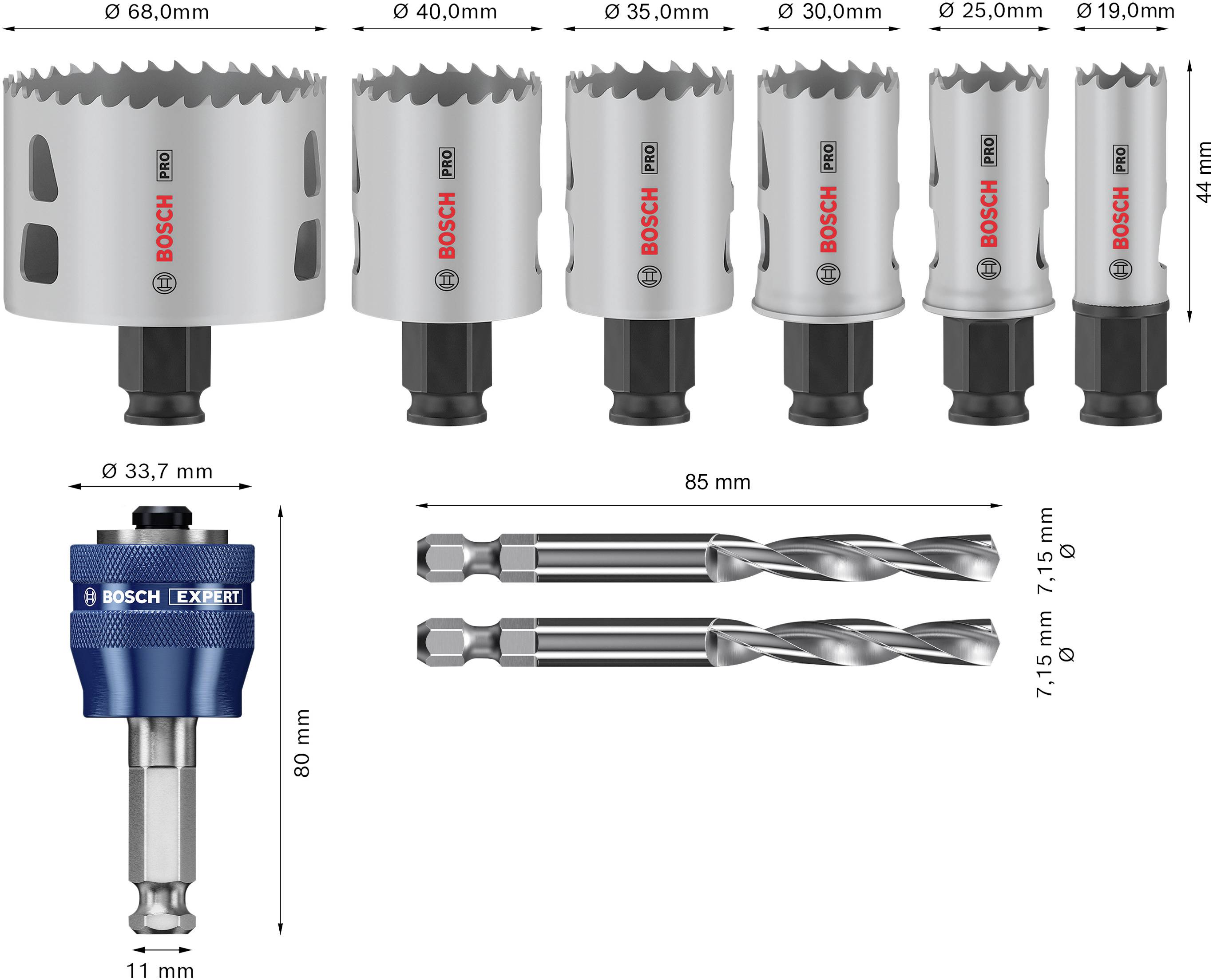 Bohrkronenset von Bosch: Sechs Kronen (68–19 mm) und zwei Bohrer (7,15 mm, 11 mm), inklusive Adapter, für präzises Bohren in Holz.