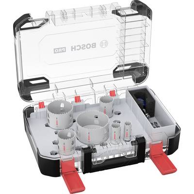 Ein Bohrkronen-Set in einem transparenten Kunststoffkoffer mit mehreren Bohrkronen unterschiedlicher Größe, Clips und Zubehör.