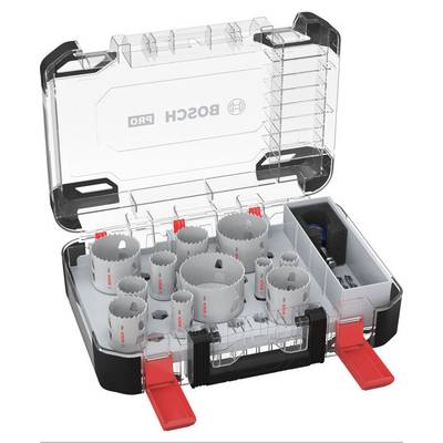 Bohrkronen-Set in einem transparenten Koffer von Bosch. Verschiedene Größen von Bohrkronen sind ordentlich in der Box angeordnet.