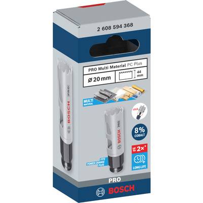 Verpackung einer Bosch PRO Multi Material Lochsäge, 20 mm Durchmesser. Geeignet für verschiedene Materialien, langlebig mit 8% Kobalt.