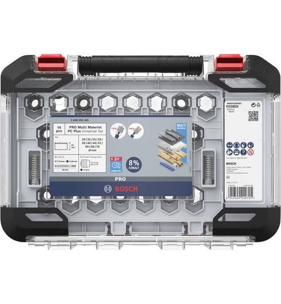 Bohrer-Set-Verpackung mit 14-teiligem Bosch Multi-Material Pro Plus Ultimate Set. Zeigt Bohrergrößen und Einsatzmöglichkeiten.