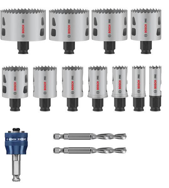 Elf-teiliges Lochsägen-Set von Bosch mit verschiedenen Größen, einschließlich Adapter und zwei Bohrern, dargestellt auf einem Tisch.