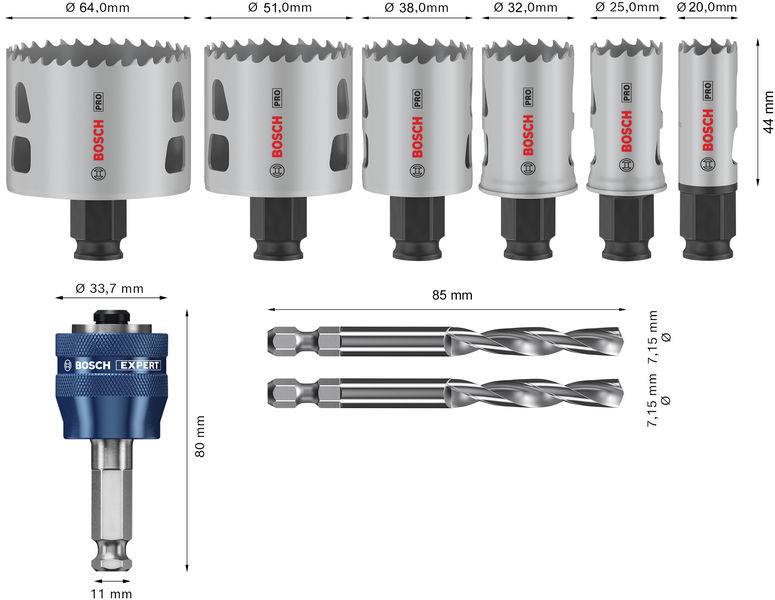 'Sechsteiliges Lochsäge-Set und zwei Bohrer. Lochsägen in verschiedenen Durchmessern: 64mm bis 20mm. Bohrer: 85mm Länge.'