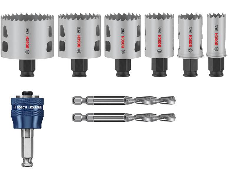 Sechs Lochsägen in verschiedenen Größen mit Bosch-Logo, zwei Bohrer und ein Adapter, alle für Bohrmaschinenanwendungen geeignet.