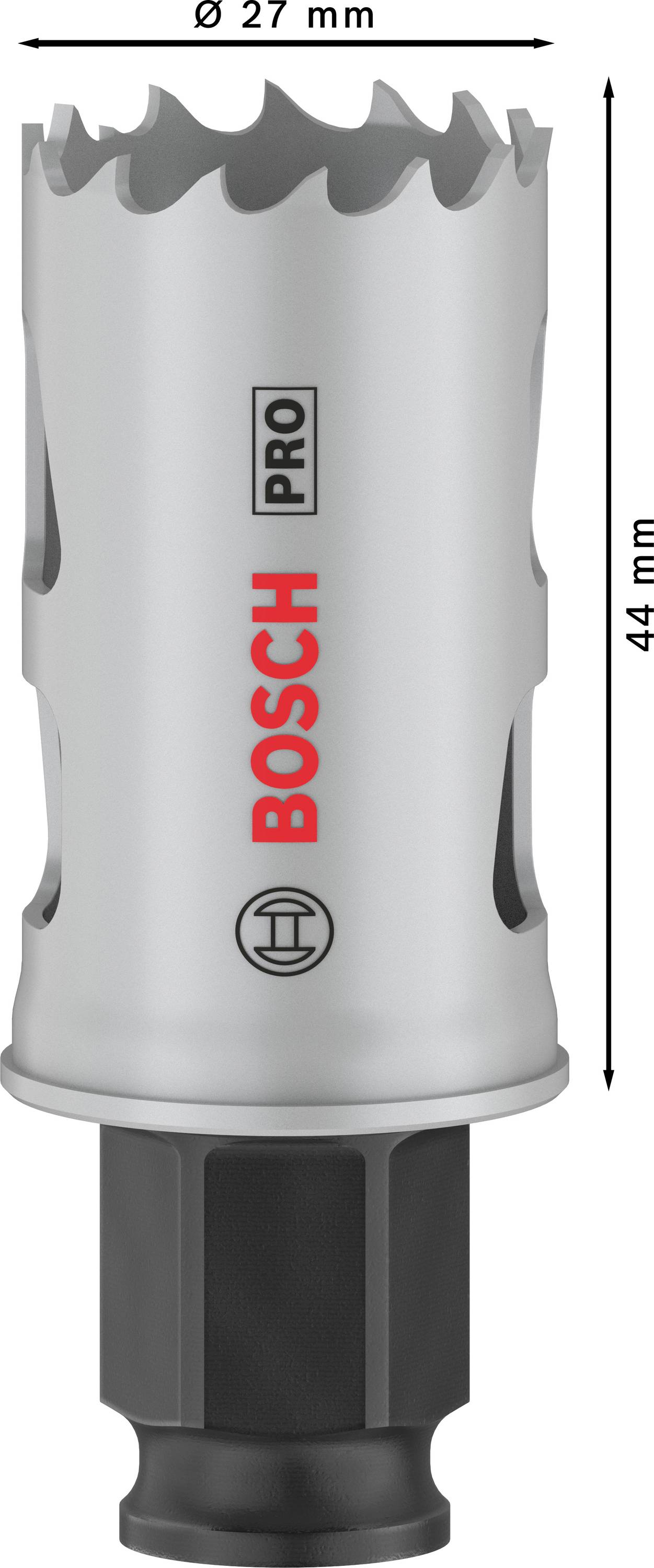 Metallbohrkrone mit Bosch-Logo, Durchmesser 27 mm, Höhe 44 mm, graue Farbe.