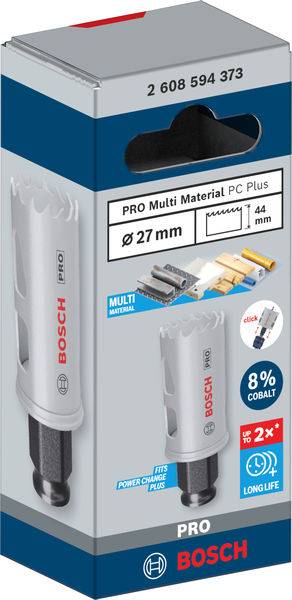 Verpackung einer Bosch Pro Lochsäge, Durchmesser 27 mm, für Multi-Materialien. Enthält 8% Kobalt für längere Lebensdauer.