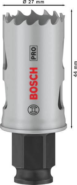 Bohrkrone von Bosch, Durchmesser 27 mm, Länge 44 mm, silberfarben, geeignet für professionelle Anwendungen.