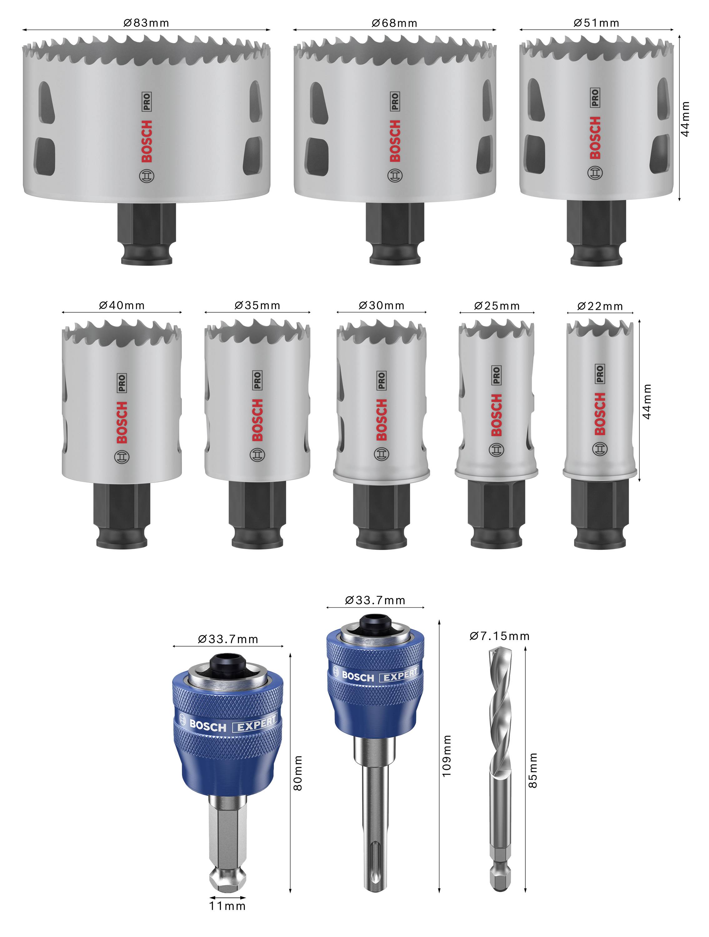 'Satz von Bosch Lochsägen und Zubehör, verschiedene Größen. Enthält Lochsägen, Führung und Bohrer mit spezifischen Durchmessern.'