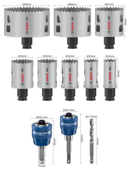 Abbildung zeigt ein Set von Bohrkronen in verschiedenen Größen und Adapter mit Zentrierbohrer. Hauptsächlich für Metalle geeignet.