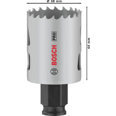 Metallbohrkrone mit Ø 38 mm, 44 mm Länge, Markenaufdruck 'Bosch PRO'.