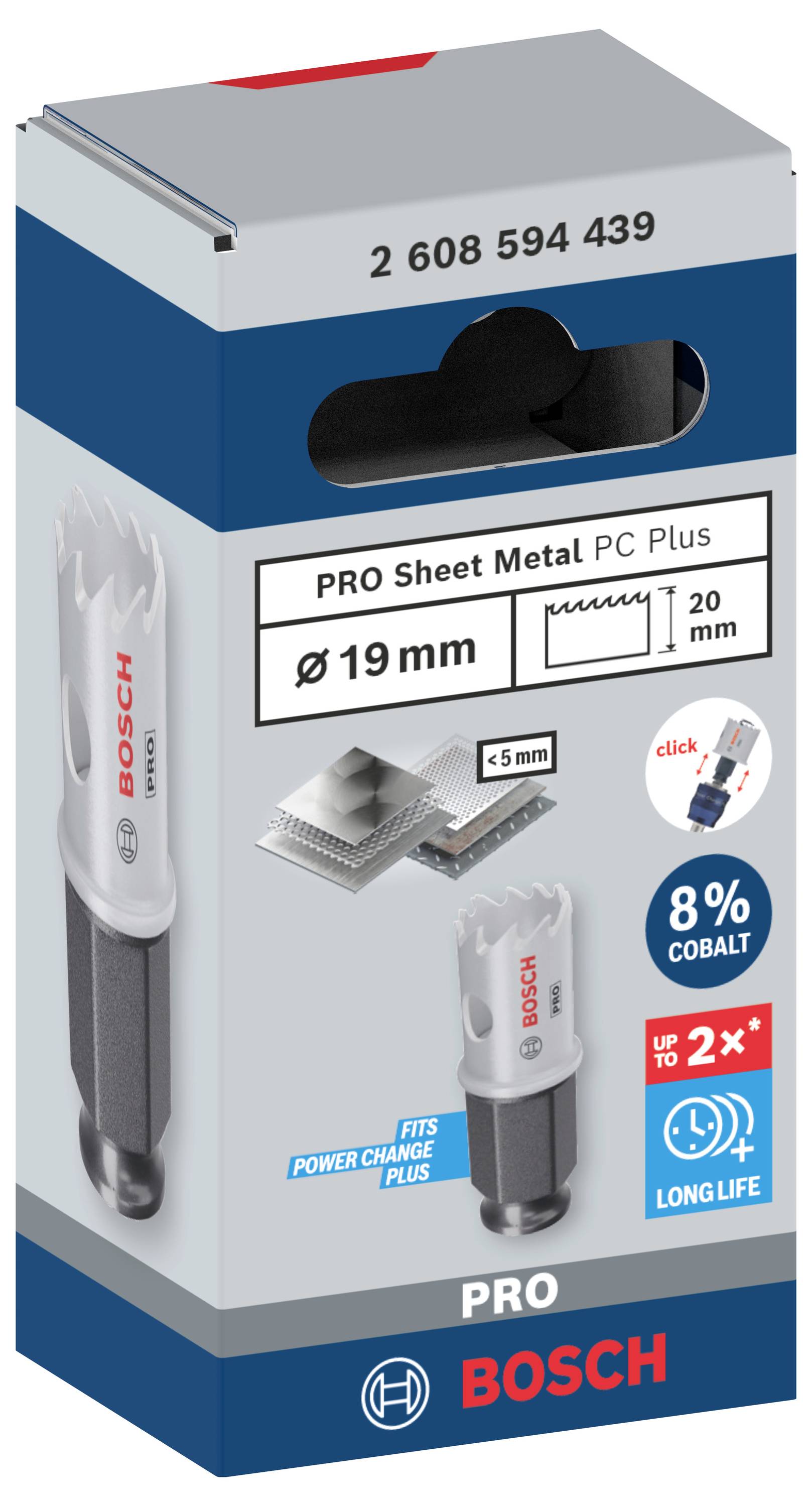 Verpackung eines Bosch Pro Bimetall-Lochsägeaufsatzes für Blech mit PC Plus, Durchmesser 19 mm. Hervorgehobene Merkmale: 8 % Kobalt, besonders langlebig.