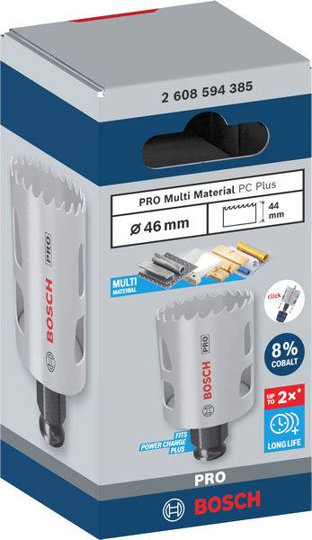 Verpackung eines Bosch Pro Multi Material Lochsäge-Sets, 46 mm Durchmesser. Geeignet für Metall und Holz. Enthält Kobalt, langlebig.