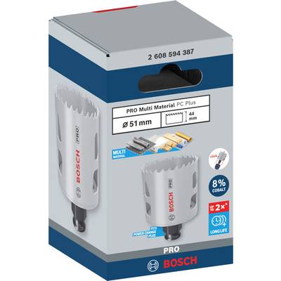 Verpackung einer Lochsäge von Bosch mit der Aufschrift 'PRO Multi Material', Durchmesser 51 mm, 8% Kobalt für hohe Haltbarkeit.
