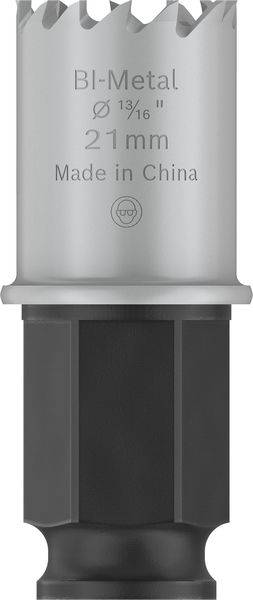 Lochsäge aus Bi-Metall mit einem Durchmesser von 21 mm, hergestellt in China. Text: 'BI-Metal', 'Ø 21 mm', 'Made in China'.