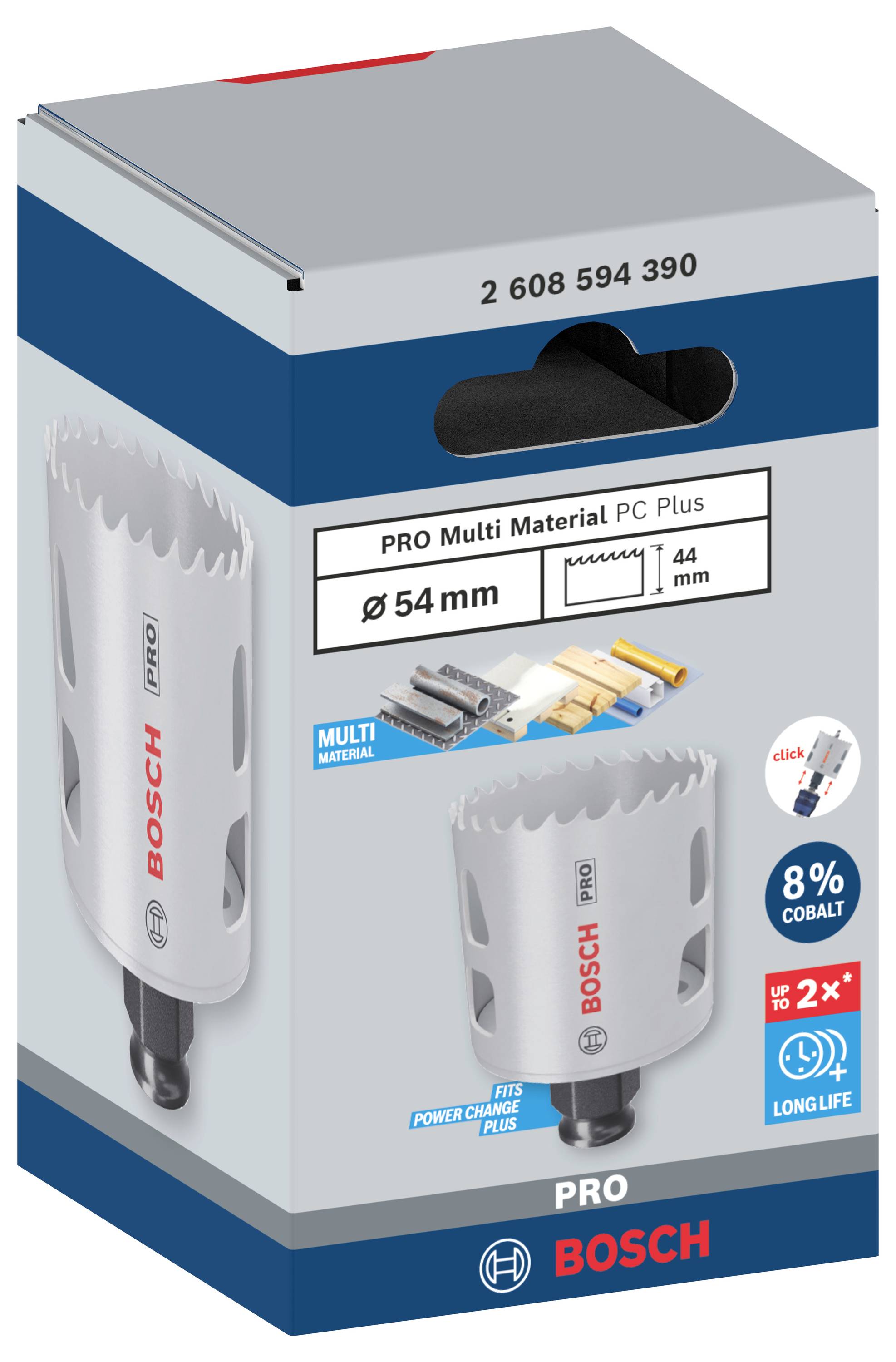 'Bosch Lochsäge, PRO Multi Material PC Plus, Durchmesser 54 mm, für Holz, Kunststoff, Gipskarton, Aluminium, langlebig mit 8% Kobalt.'