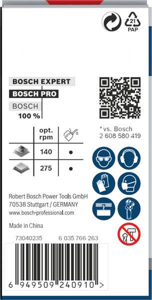 Verpackungsrückseite mit Bosch-Logo und QR-Code. Zeigt zwei Geschwindigkeitstabellen, Warnhinweise und 'Made in China'.