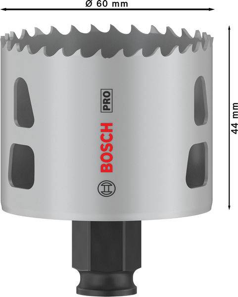 'Sägekrone mit Durchmesser 60 mm und Höhe 44 mm. Silbernes Design mit Bosch-Logo und PRO-Markierung in Rot.'