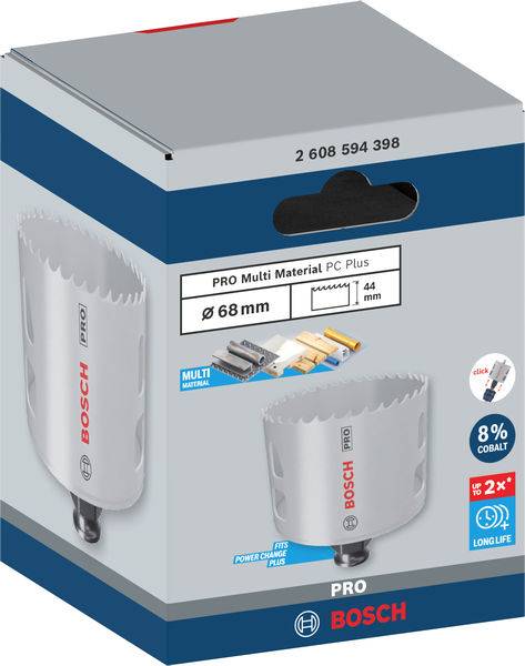Verpackung einer Bosch Lochsäge 'PRO Multi Material PC Plus', 68 mm Durchmesser, für vielseitige Materialien, langlebig.