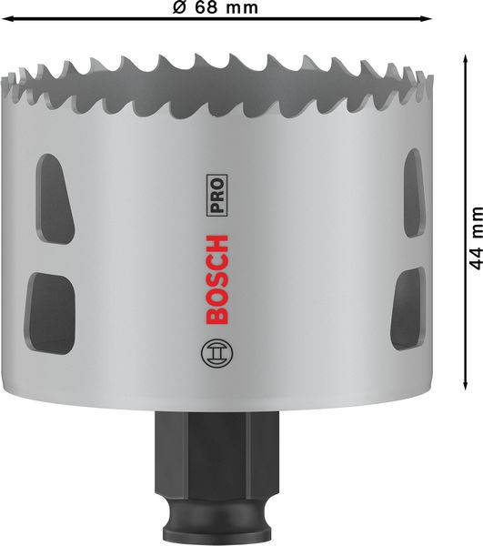 Silberne Lochsäge von Bosch Pro, Ø 68 mm, Höhe 44 mm. Geeignet zum Schneiden von Löchern in verschiedenen Materialien.