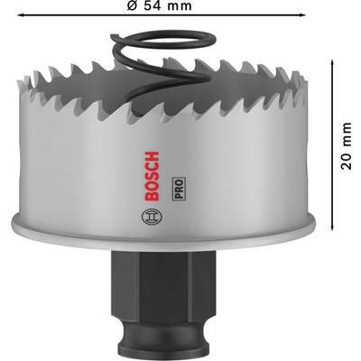Bimetall-Lochsäge mit 54 mm Durchmesser und 20 mm Tiefe, Bosch-Logo auf der Seite, geeignet für Präzisionsbohrungen in Metall.