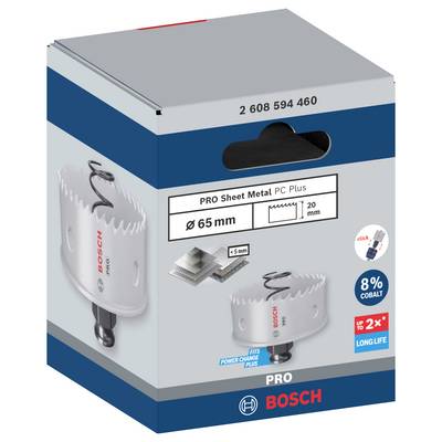 Der Karton zeigt eine 'PRO Sheet Metal PC Plus' Lochsäge von BOSCH mit 65 mm Durchmesser, geeignet für Metallbearbeitung, langlebig.