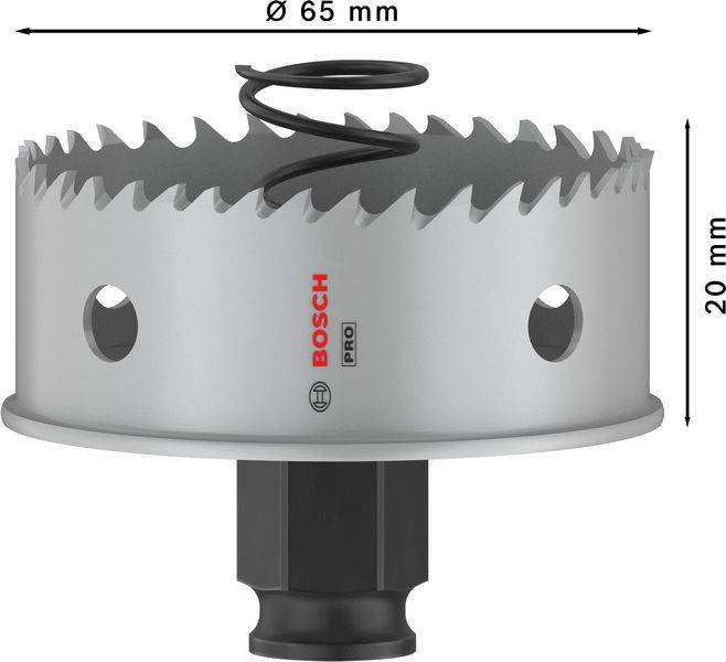 Bohrer mit einer runden Säge von 65 mm Durchmesser und 20 mm Höhe. Die Marke 'Bosch Pro' ist auf der Seite zu sehen.