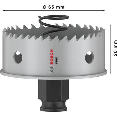 Bohrer mit einer runden Säge von 65 mm Durchmesser und 20 mm Höhe. Die Marke 'Bosch Pro' ist auf der Seite zu sehen.